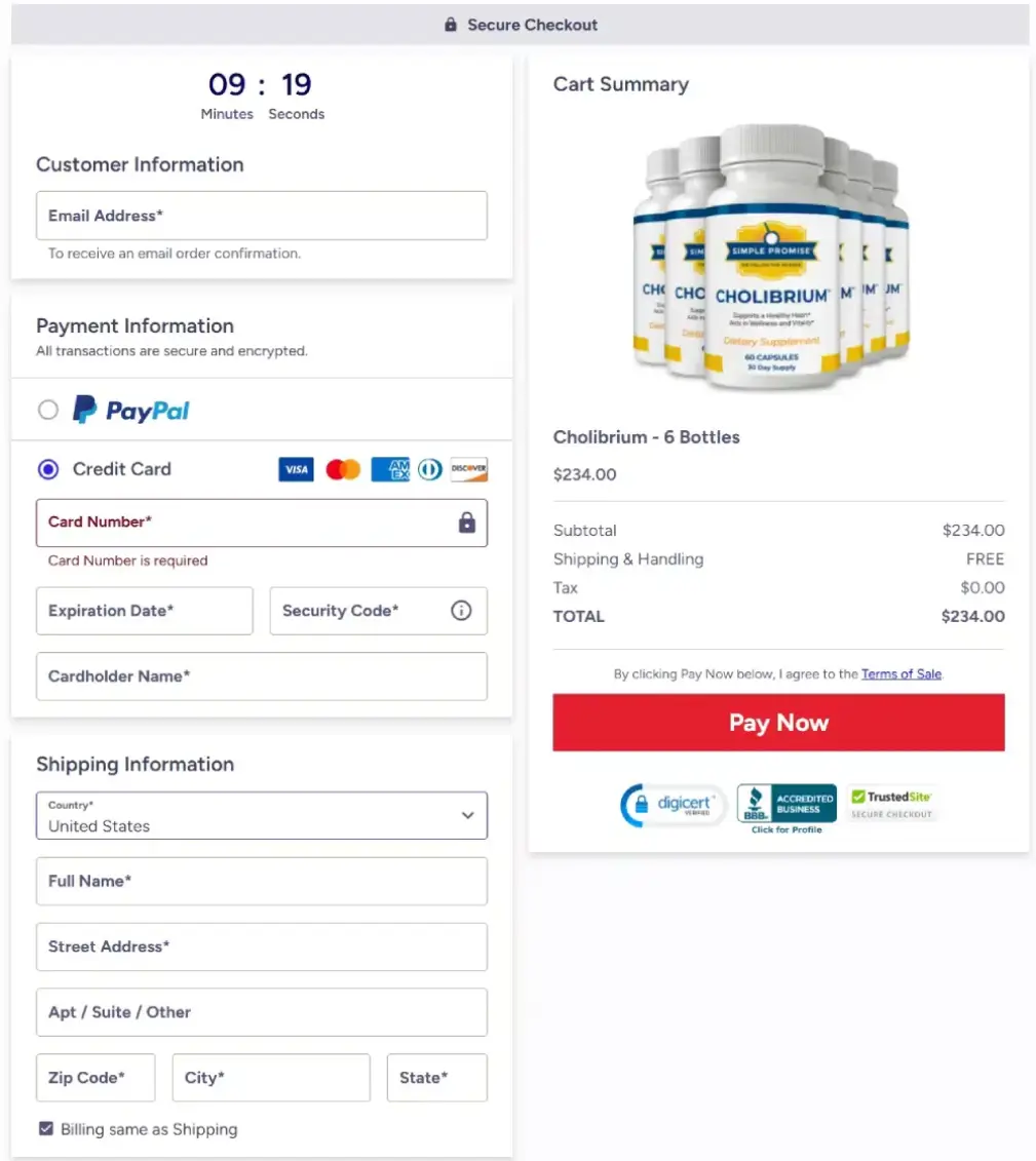 Cholibrium order checkout page with secure payment information
